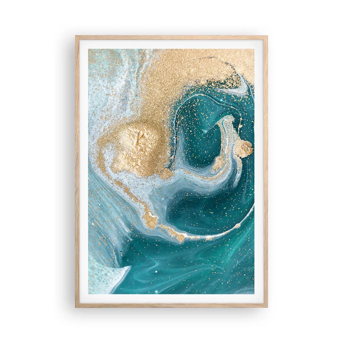 Poster in cornice rovere chiaro - Vortice di oro e turchese - 70x100 cm