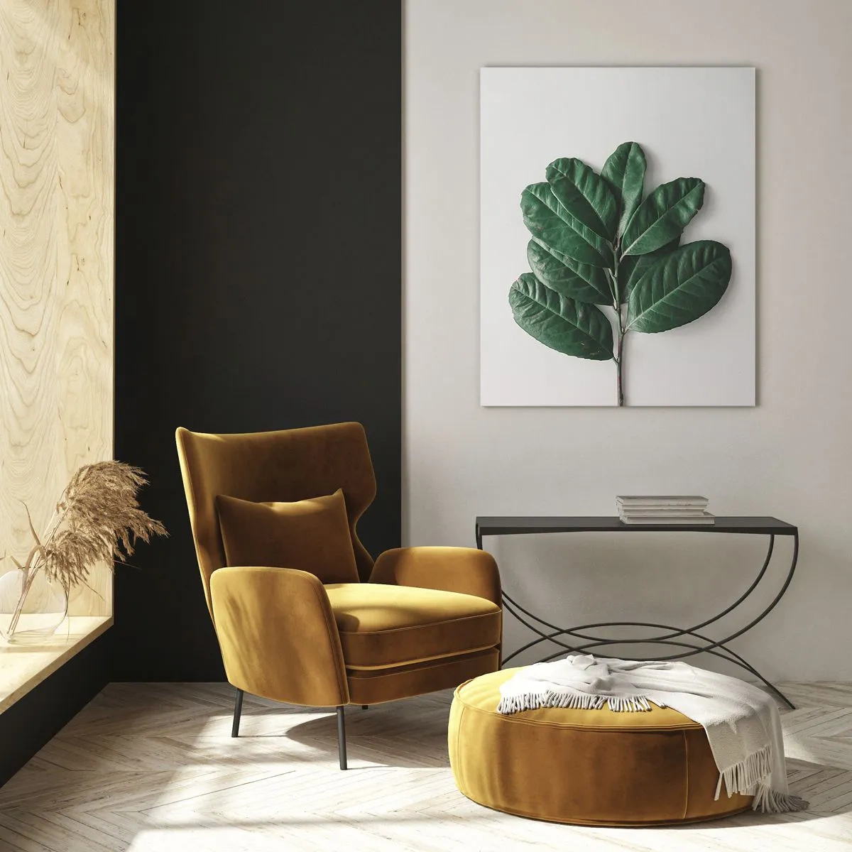 Quadro su vetro - Un rametto di foglie verdi su uno sfondo chiaro - 80x120cm - Il disegno della natura stessa - Decorazione murale moderna per soggiorno e camera da letto ARTTOR