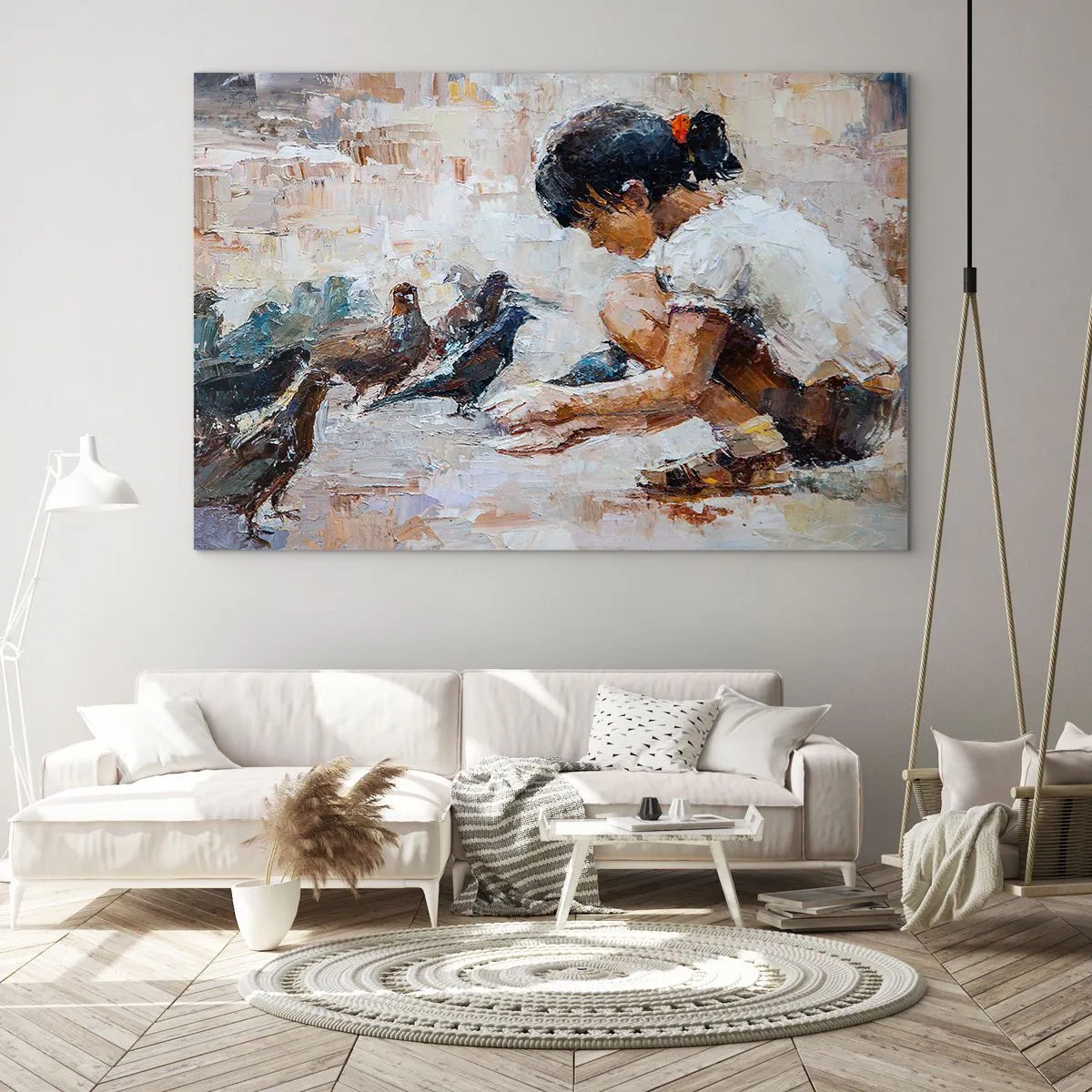 Quadro su vetro - Una ragazza che dà da mangiare agli uccelli su uno sfondo impressionistico - 120x80cm - Piccoli e gentili - Decorazione murale moderna per soggiorno e camera da letto ARTTOR