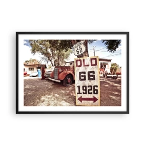 Poster in cornice nera - Auto retrò e cartello della Route 66 in un ambiente rustico - 70x50cm - La leggenda della provincia americana - Decorazione murale moderna per soggiorno e camera da letto ARTTOR