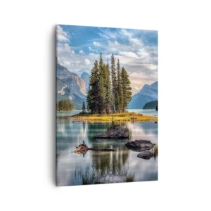 Quadro su tela - Stampe su Tela - Un paesaggio montano con un'isola circondata da un lago calmo - 50x70cm - Sulle acque grandi e limpide...  - Decorazione murale moderna per soggiorno e camera da letto ARTTOR