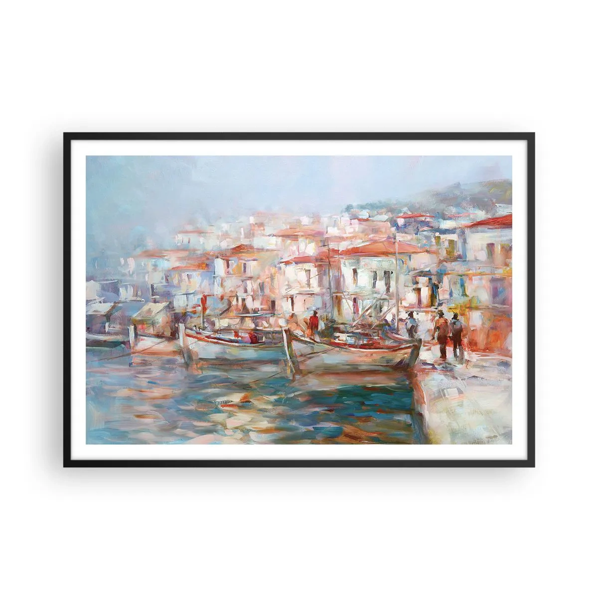 Poster in cornice nera - Impressione del porto con barche ed edifici - 100x70cm - Vacanze in pastello - Decorazione murale moderna per soggiorno e camera da letto ARTTOR