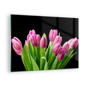 Quadro su vetro - Un bouquet di tulipani rosa ricoperti di gocce d'acqua su uno sfondo nero. - 70x50cm - Gioia lilla della primavera - Decorazione murale moderna per soggiorno e camera da letto ARTTOR