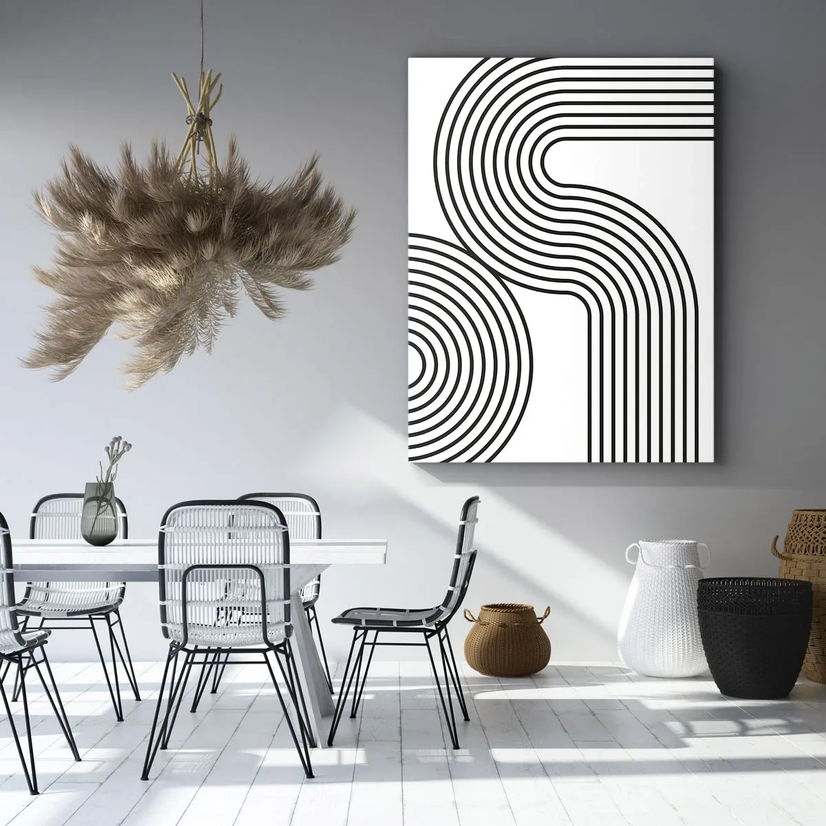 Quadro su tela - Stampe su Tela - Un dipinto astratto con linee nere che creano motivi geometrici su uno sfondo bianco. - 50x70cm - In curva - Decorazione murale moderna per soggiorno e camera da letto ARTTOR