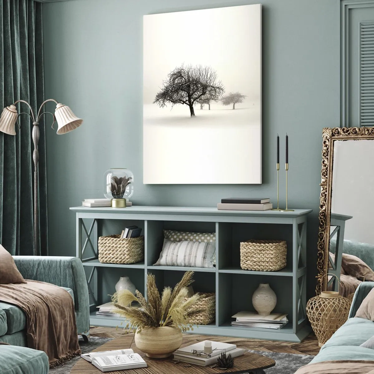Quadro su tela - Stampe su Tela - Alberi in un campo innevato circondato dalla nebbia - 50x70cm - Sogno invernale - Decorazione murale moderna per soggiorno e camera da letto ARTTOR
