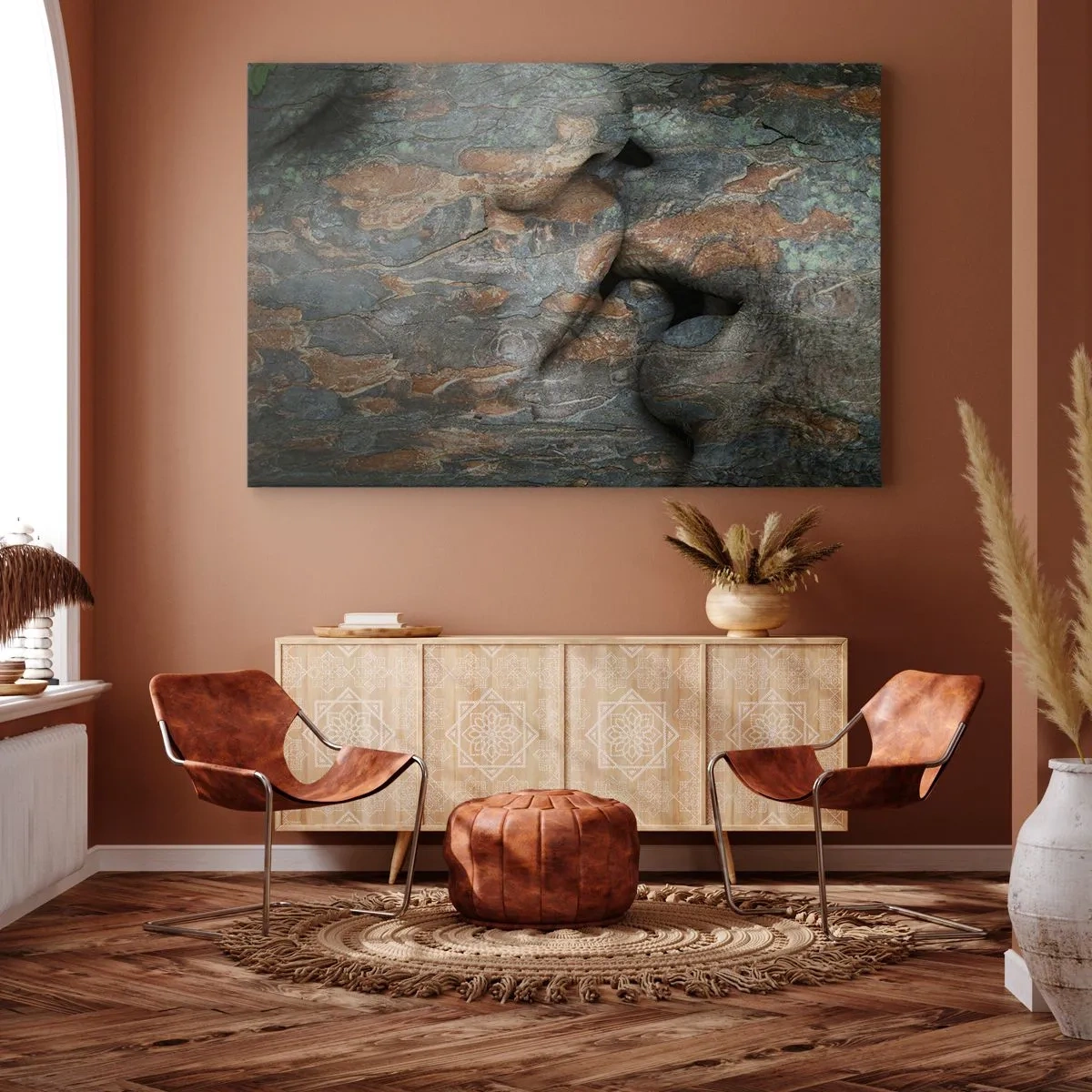 Quadro su tela - Stampe su Tela - Un motivo artistico di un volto scolpito nella roccia con un effetto di texture naturale. - 70x50cm - Insieme per sempre - Decorazione murale moderna per soggiorno e camera da letto ARTTOR
