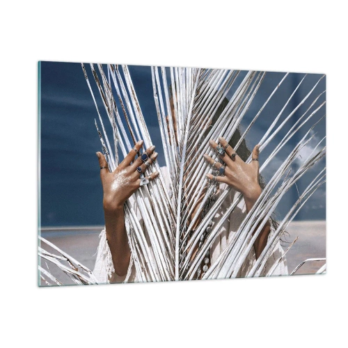 Quadro su vetro - Le mani di una donna decorate con anelli dietro una palma secca - 120x80cm - La ragazza dello sciamano? - Decorazione murale moderna per soggiorno e camera da letto ARTTOR