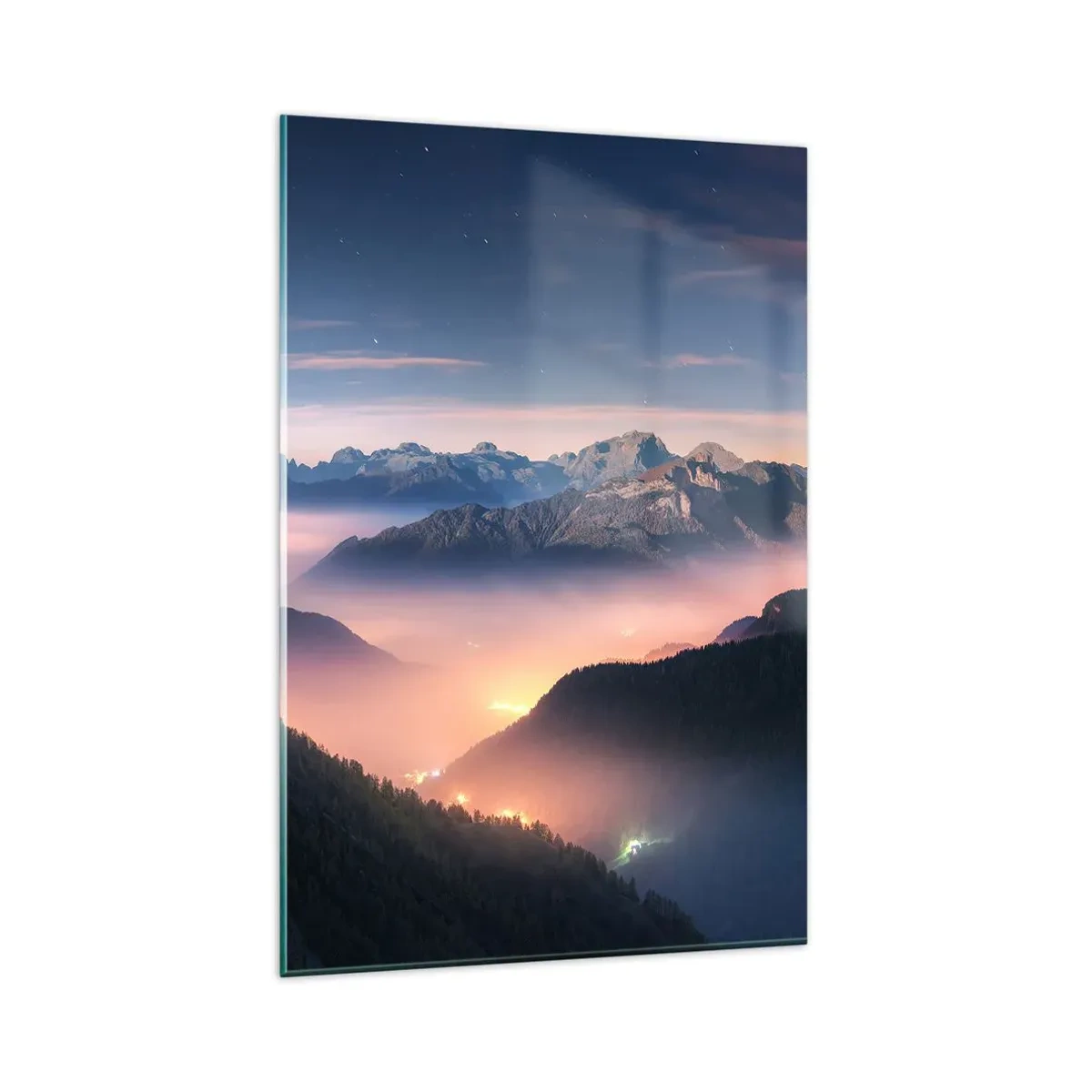 Quadro su vetro - Un paesaggio montano con una valle piena di nebbia - 80x120cm - La luce nelle valli - Decorazione murale moderna per soggiorno e camera da letto ARTTOR