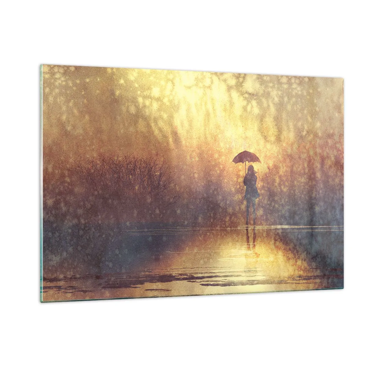 Quadro su vetro - Una figura con un ombrello alla luce del sole al tramonto e della pioggia - 120x80cm - Sento che qualcuno mi guarda - Decorazione murale moderna per soggiorno e camera da letto ARTTOR