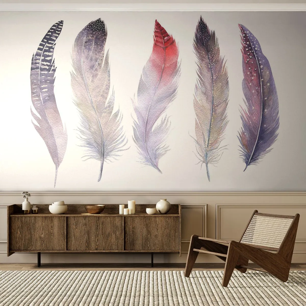 Fotomurali Premium Sand - Delicate come una nebbia multicolore - Piuma di uccello, Boho, Grafica - 450x315 cm