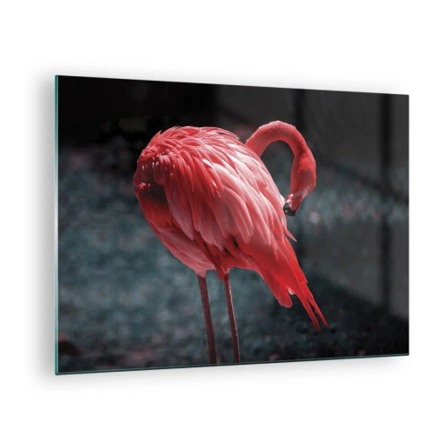 Quadro su vetro - Un fenicottero dalle intense tonalità di rosso su sfondo scuro - 70x50cm - La poesia cremisi della natura - Decorazione murale moderna per soggiorno e camera da letto ARTTOR