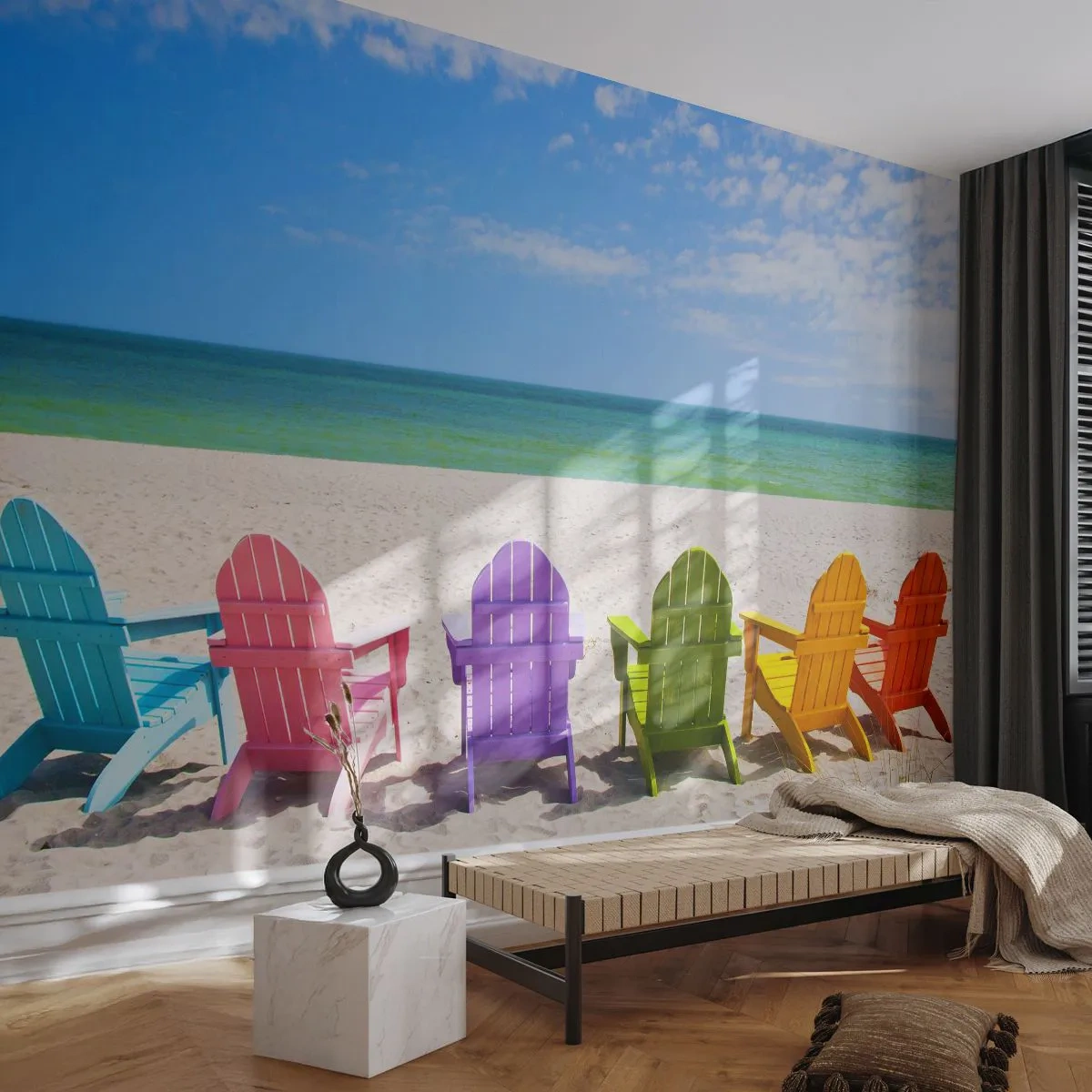 Fotomurali Premium Sand - Spiaggia arcobaleno - Paesaggio, Spiaggia, Sedie a sdraio - 500x350 cm