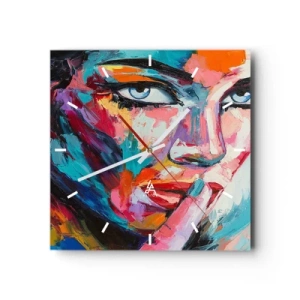 Orologio da parete - Orologio in Vetro - Ritratto colorato di una donna in stile astratto - 30x30cm - Il nostro primo segreto - Decorazione murale moderna per soggiorno e camera da letto ARTTOR