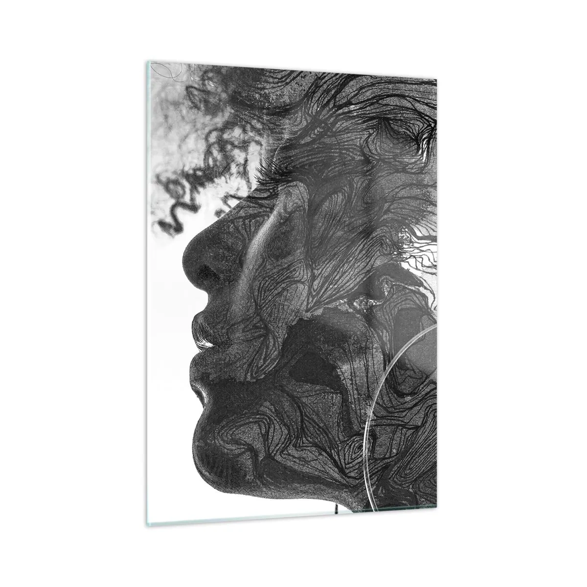 Quadro su vetro - Silhouette in bianco e nero di una donna con linee astratte - 50x70cm - Aggrovigliata nei sogni - Decorazione murale moderna per soggiorno e camera da letto ARTTOR