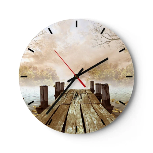 Orologio da parete - Orologio in Vetro - Un molo di legno su un lago circondato da nebbia e alberi - 30x30cm - La mite melanconia autunnale - Decorazione murale moderna per soggiorno, cucina e camera da letto ARTTOR
