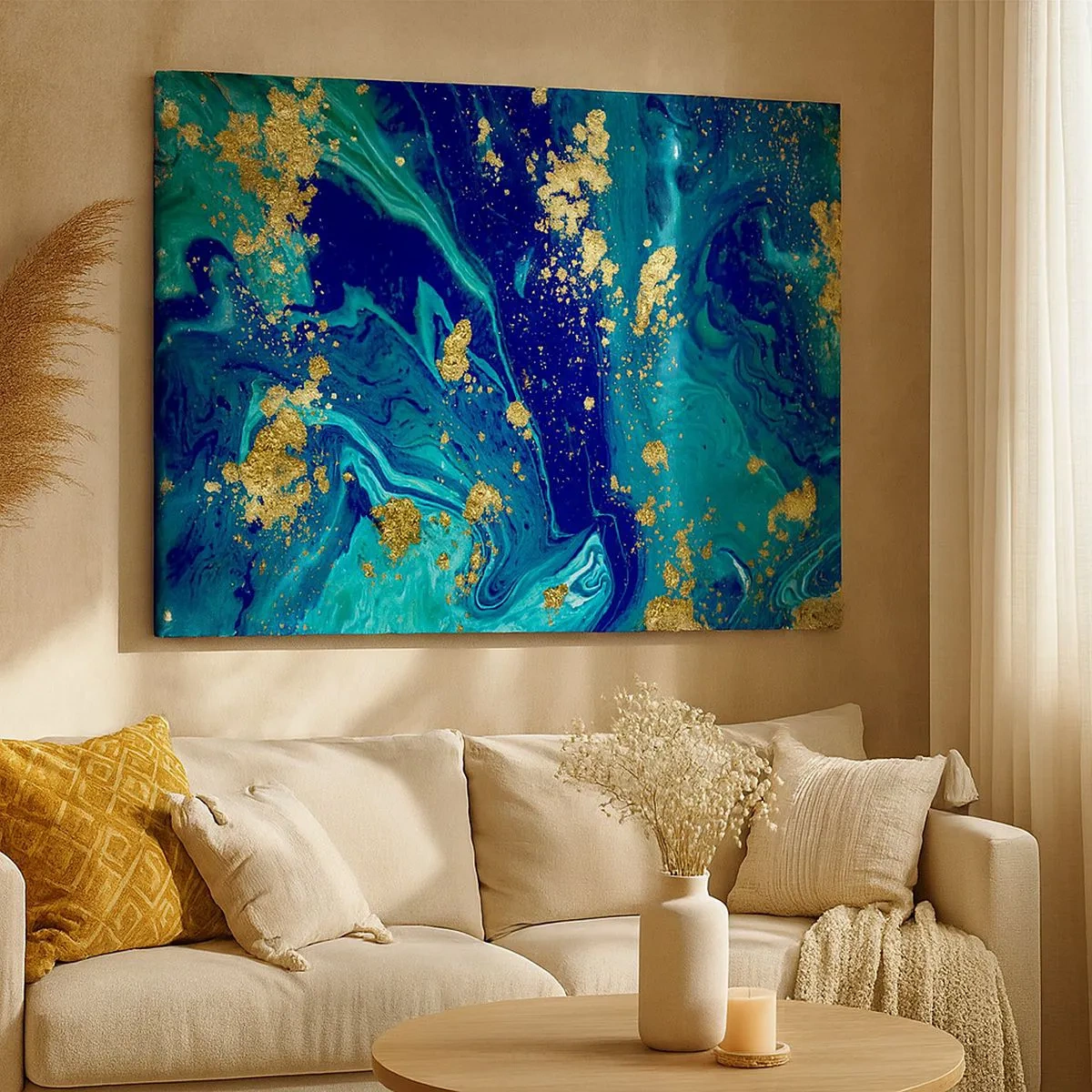 Quadro su tela - Stampe su Tela - Una composizione astratta con accenti blu, verdi e dorati. - 70x50cm - Petali di sole - Decorazione murale moderna per soggiorno e camera da letto ARTTOR