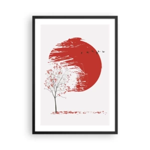 Poster in cornice nera - Cerchio rosso con albero e uccelli in stile minimalista - 50x70cm - Conosci questo paese? - Decorazione murale moderna per soggiorno e camera da letto ARTTOR