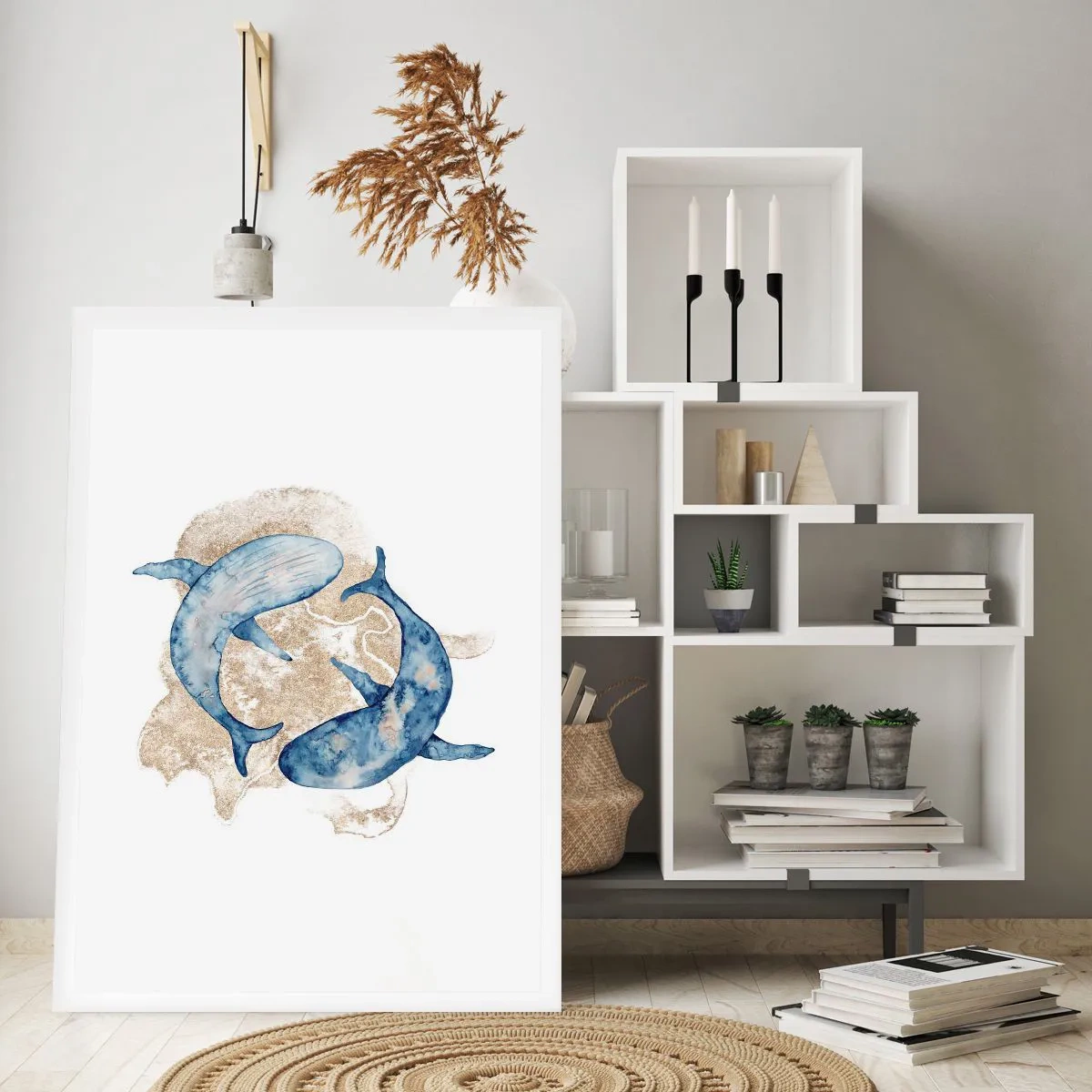 Poster - Un dipinto astratto di due balenottere comuni - 50x70cm - Amicizia o amore? - Decorazione murale moderna per soggiorno e camera da letto ARTTOR