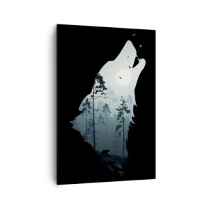 Quadro su tela - Stampe su Tela - Silhouette di un lupo con una foresta e la luna sullo sfondo - 70x100cm - Voce di una notte boschiva - Decorazione murale moderna per soggiorno e camera da letto ARTTOR