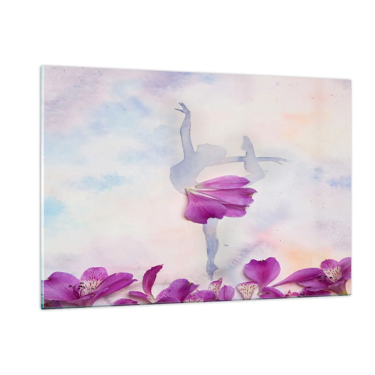 Quadro su vetro - Silhouette di una ballerina con un fiore in una composizione artistica - 120x80cm - Delicata come un fiore - Decorazione murale moderna per soggiorno e camera da letto ARTTOR