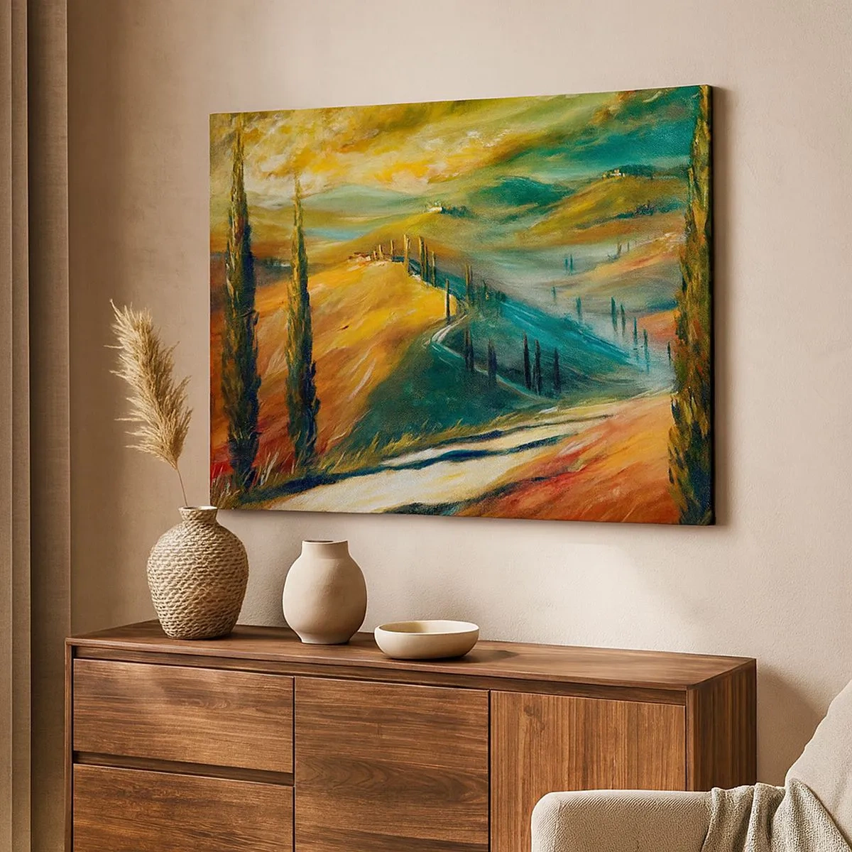 Quadro su tela - Stampe su Tela - Paesaggio toscano con campi, strada e cipressi - 70x50cm - Paesaggio toscano - Decorazione murale moderna per soggiorno e camera da letto ARTTOR