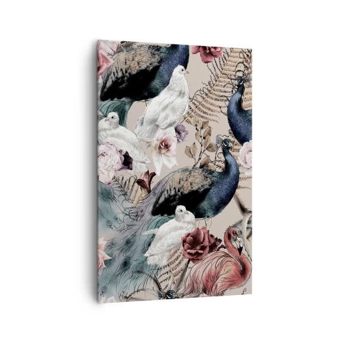 Quadro su tela - Stampe su Tela - Un paesaggio con piume di pavone, rose e uccelli in stile romantico. - 80x120cm - Nel giardino del palazzo - Decorazione murale moderna per soggiorno e camera da letto ARTTOR