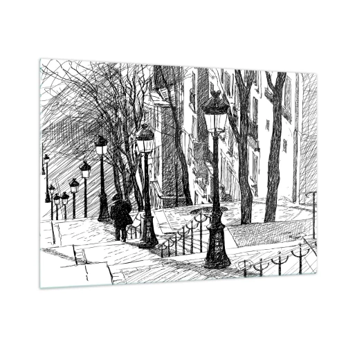 Quadro su vetro - Disegno in bianco e nero di una strada cittadina con lanterne - 100x70cm - Storia d'amore o racconto di paura? - Decorazione murale moderna per soggiorno e camera da letto ARTTOR