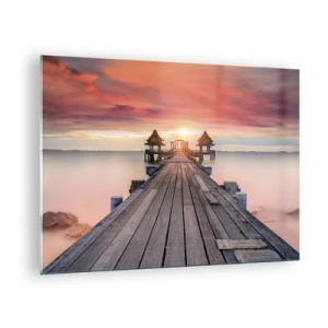 Quadro su vetro - Molo di legno che conduce ai gazebo in riva all'acqua al tramonto - 70x50cm - Tramonto d'oriente - Decorazione murale moderna per soggiorno e camera da letto ARTTOR