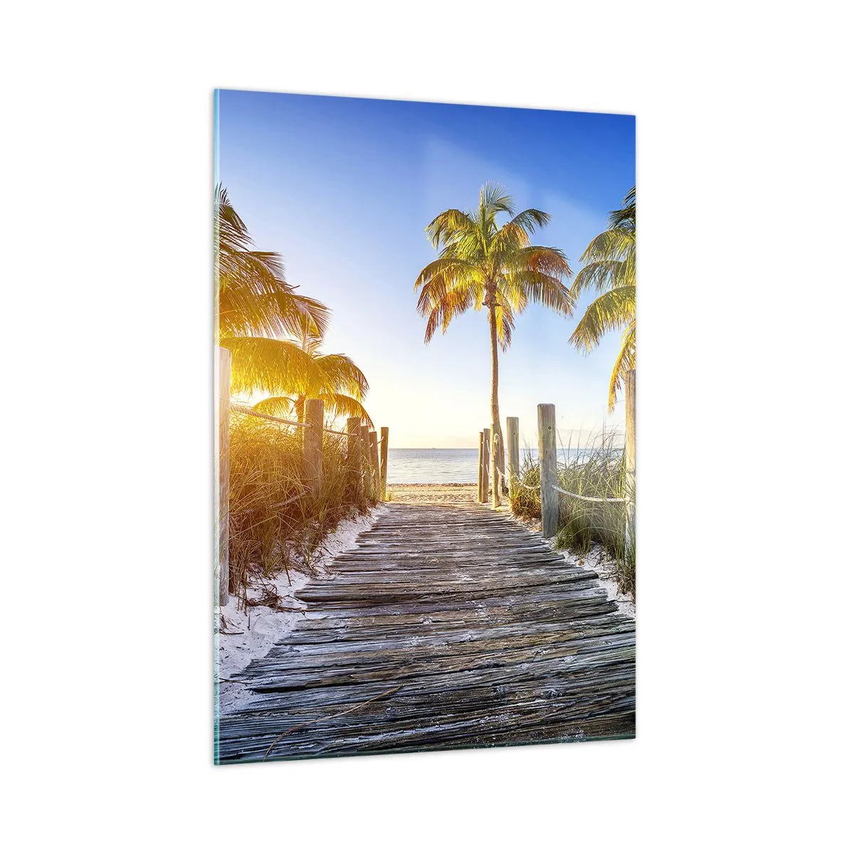 Quadro su vetro - Sentiero in legno sulla spiaggia circondato da palme - 50x70cm - Dritto in paradiso - Decorazione murale moderna per soggiorno e camera da letto ARTTOR
