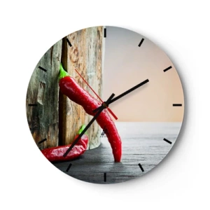Orologio da parete - Orologio in Vetro - Peperoncini rossi su uno sfondo di legno - 30x30cm - Red hot chili peppers - Decorazione murale moderna per soggiorno, cucina e camera da letto ARTTOR