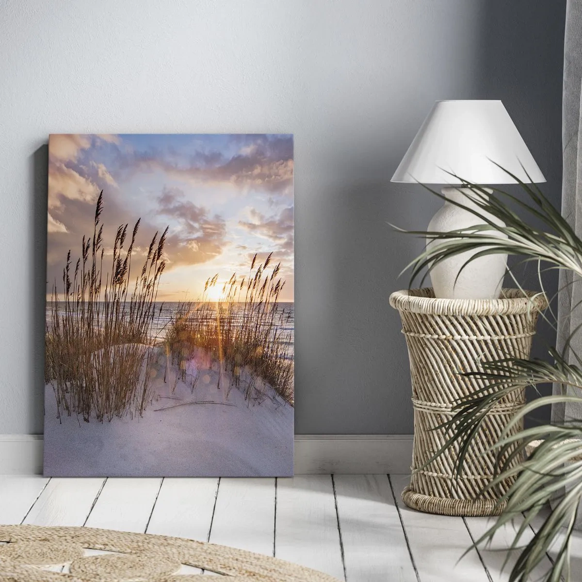 Quadro su tela - Stampe su Tela - Dune con erba sullo sfondo del sole al tramonto - 80x120cm - L'addio al sole e al vento - Decorazione murale moderna per soggiorno e camera da letto ARTTOR