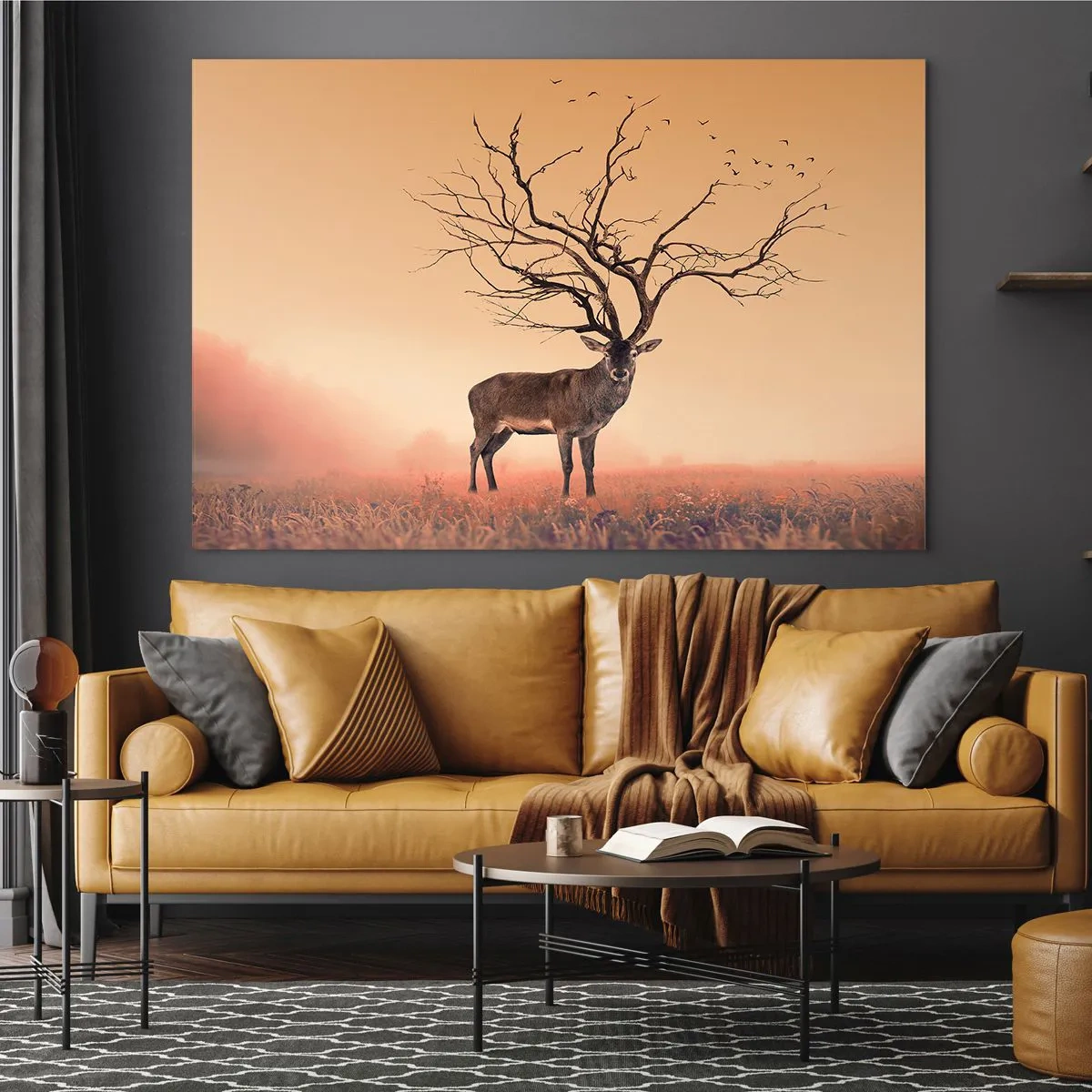 Quadro su vetro - Illustrazione di un cervo con un albero come corna - 100x70cm - L'Antico Cervo, eterno spirito del bosco - Decorazione murale moderna per soggiorno e camera da letto ARTTOR