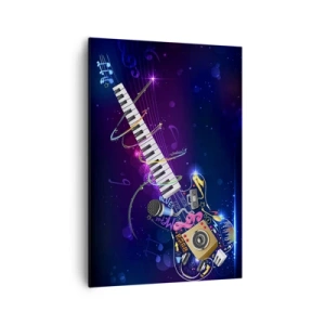 Quadro su tela - Stampe su Tela - Una chitarra colorata con una tastiera e un microfono su uno sfondo scuro. - 70x100cm - Armonia di suoni - Decorazione murale moderna per soggiorno e camera da letto ARTTOR