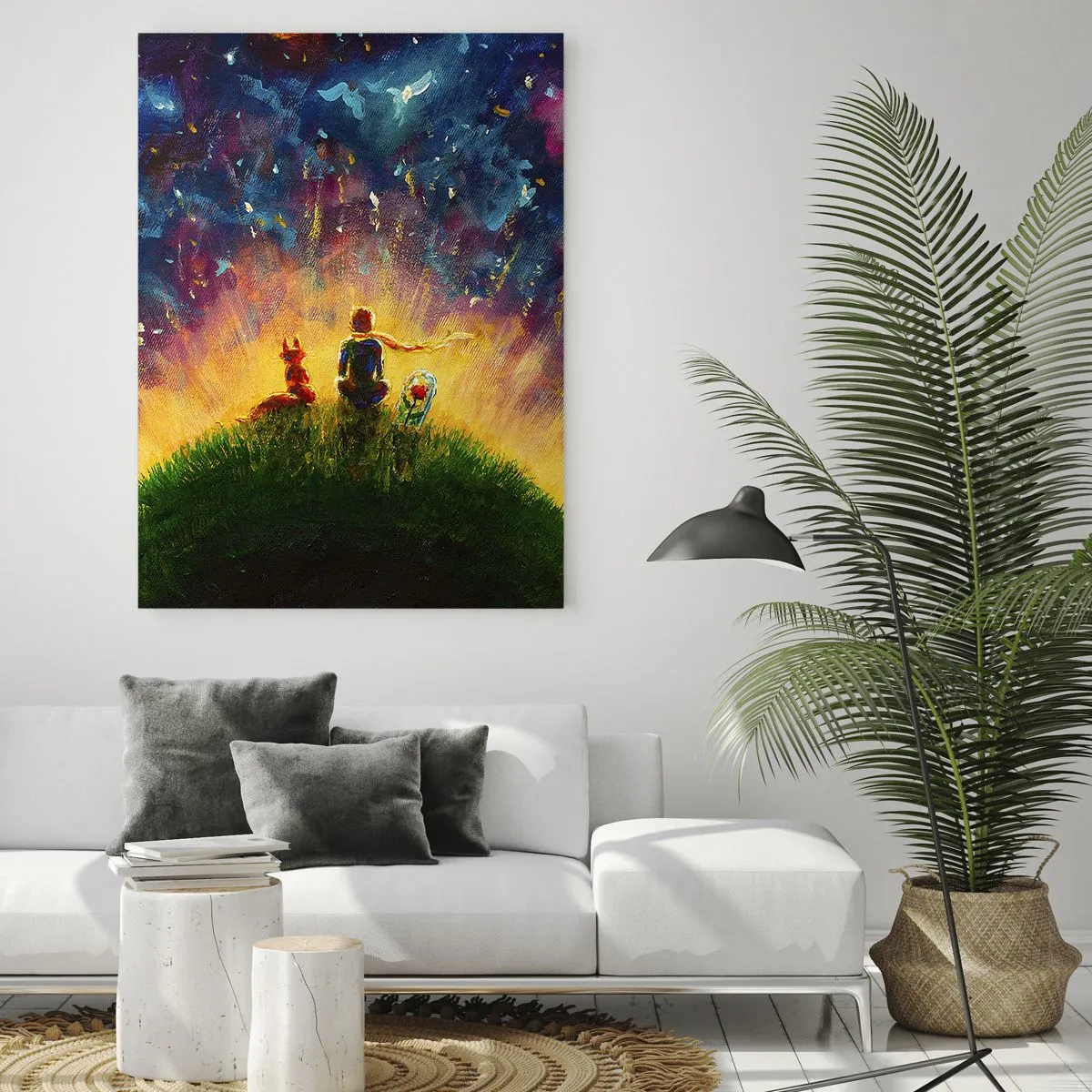 Quadro su vetro - Figure su una collina verde circondata da un cielo stellato - 70x100cm - Amore e amicizia: l'intero mondo - Decorazione murale moderna per soggiorno e camera da letto ARTTOR