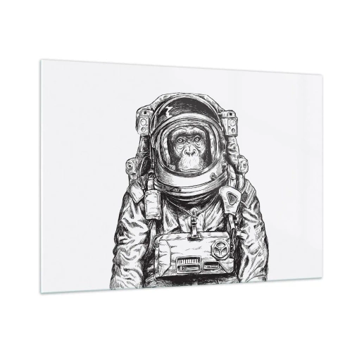 Quadro su vetro - Schizzo di una scimmia in tuta da astronauta su sfondo bianco - 100x70cm - Evoluzione alternativa - Decorazione murale moderna per soggiorno e camera da letto ARTTOR