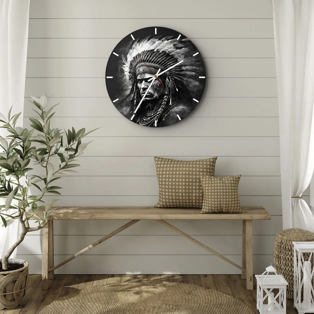 Orologio da parete - Orologio in Vetro - Ritratto di un capo con copricapo piumato in stile monocromatico - 30x30cm - Capo e guerriero - Decorazione murale moderna per soggiorno, cucina e camera da letto ARTTOR