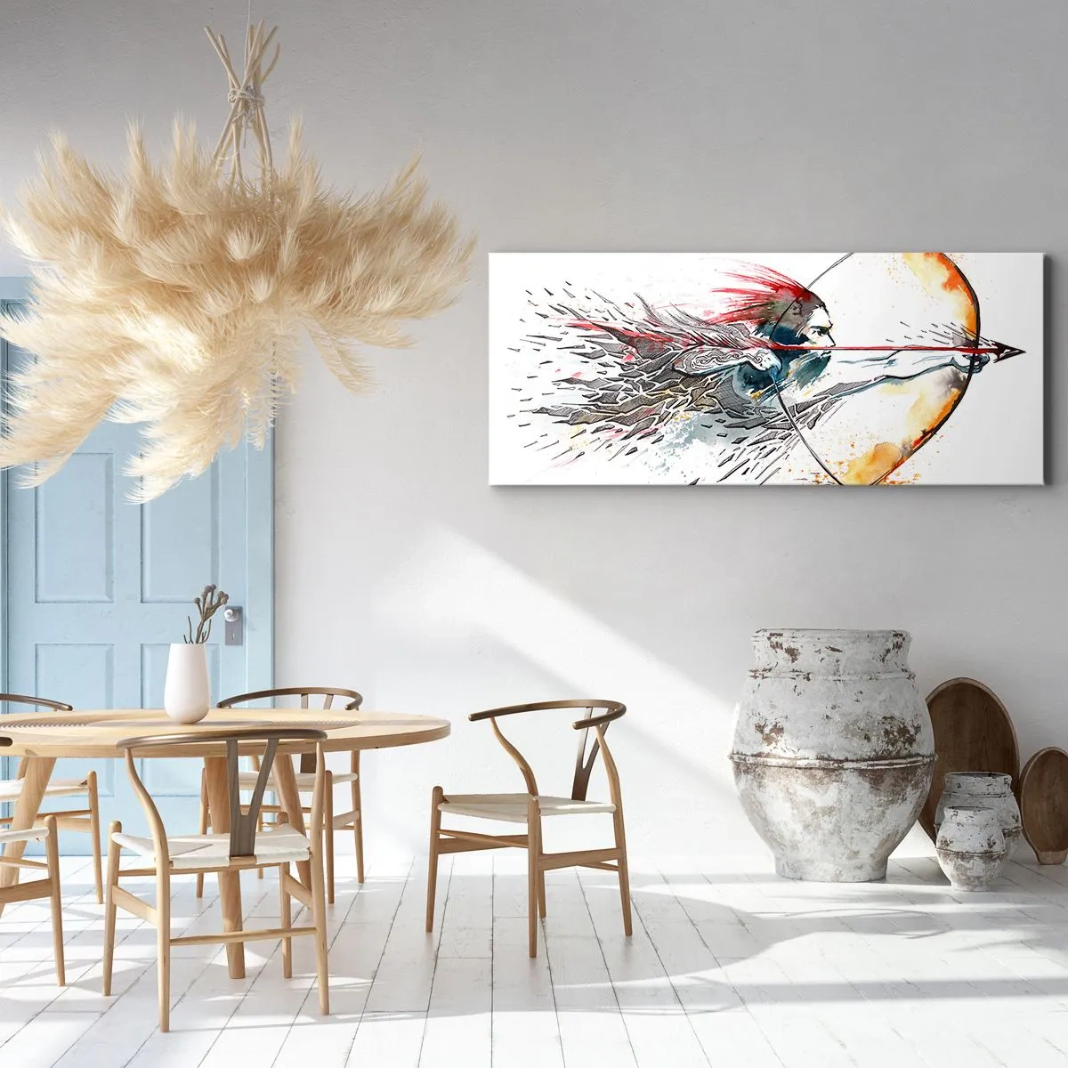 Quadro su tela - Stampe su Tela - Dipinto ad acquerello dinamico di un guerriero con arco e frecce - 160x50cm - Mitico guerriero con arco infuocato - Decorazione murale moderna per soggiorno e camera da letto ARTTOR