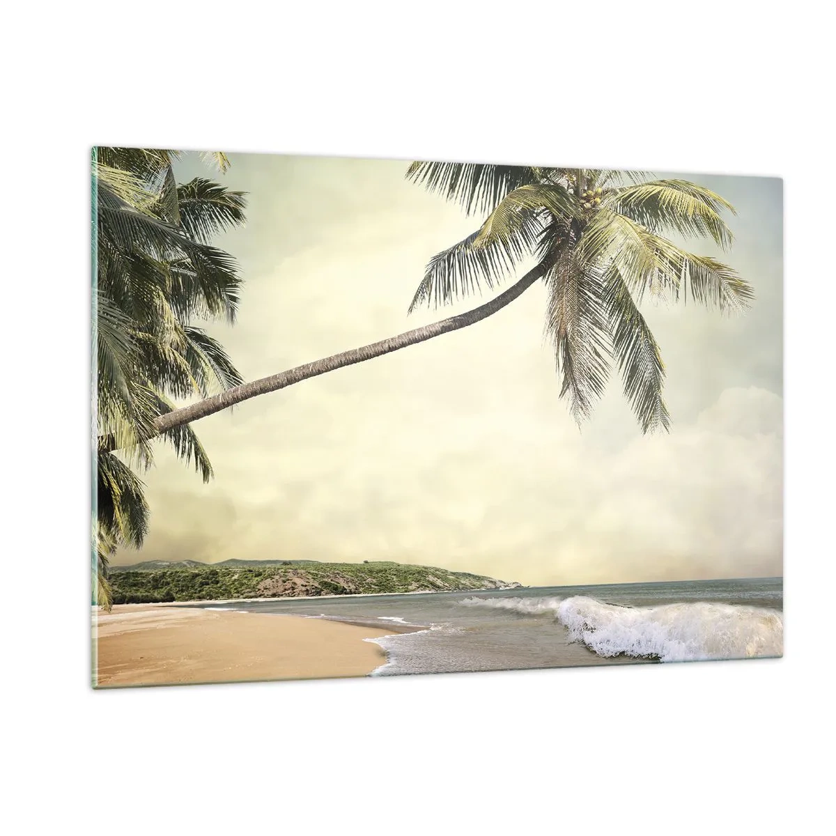 Quadro su vetro - Spiaggia tropicale con palme e onde - 120x80cm - Sogno tropicale - Decorazione murale moderna per soggiorno e camera da letto ARTTOR
