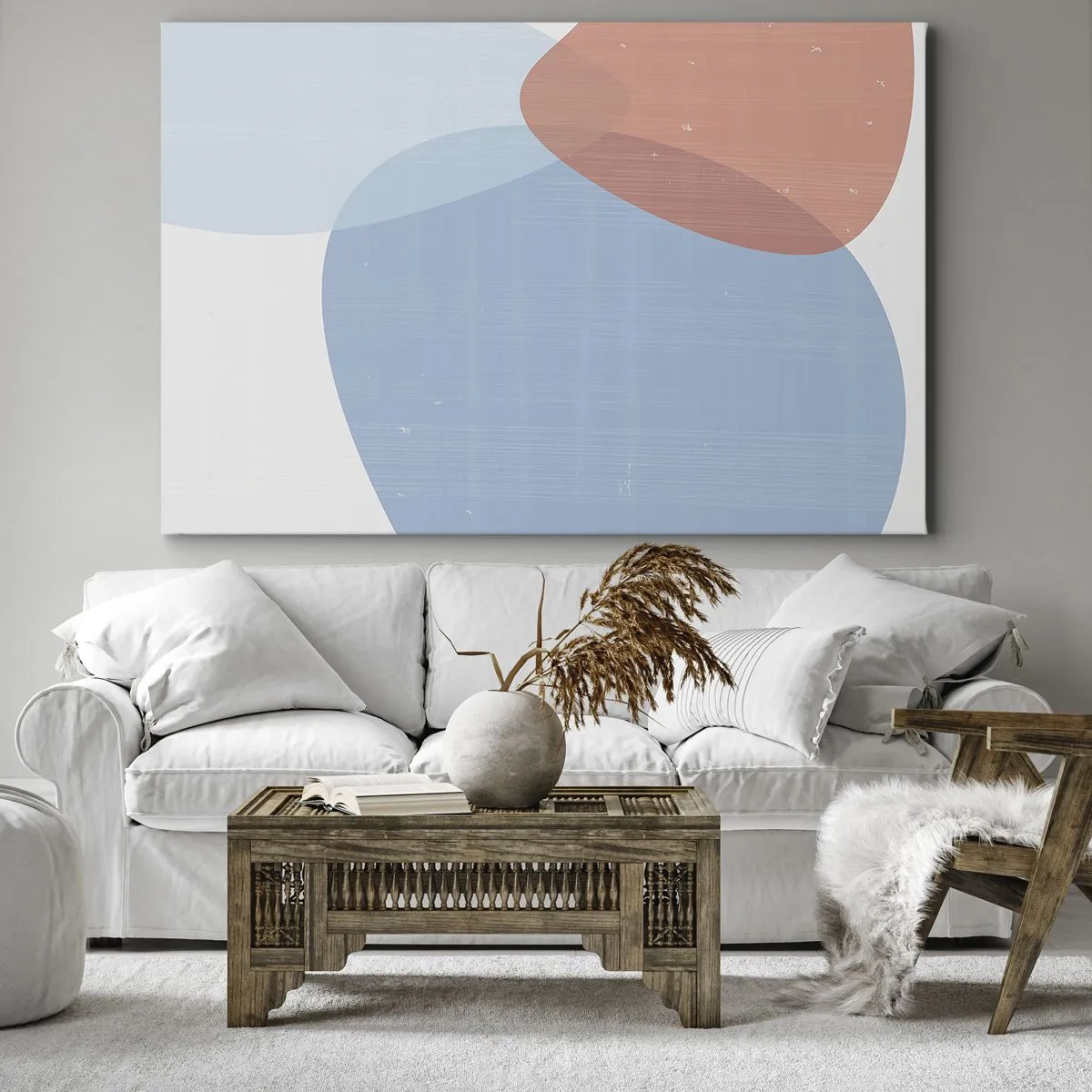 Quadro su tela - Stampe su Tela - Una composizione astratta nei toni pastello del blu e del rosa con forme organiche. - 70x50cm - Legami pastello - Decorazione murale moderna per soggiorno e camera da letto ARTTOR