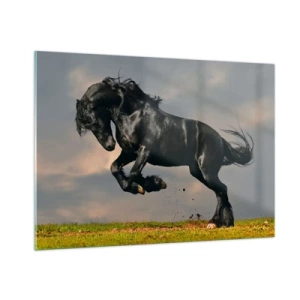 Quadro su vetro - Un cavallo scuro in un salto dinamico contro un cielo nuvoloso - 100x70cm - Libero e bello - Decorazione murale moderna per soggiorno e camera da letto ARTTOR