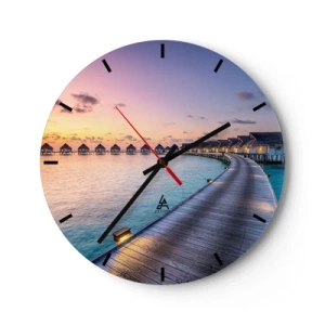 Orologio da parete - Orologio in Vetro - Un sentiero lungo la spiaggia con bungalow sullo sfondo del sole al tramonto - 30x30cm - Vacanze: ritorno alle fonti - Decorazione murale moderna per soggiorno, cucina e camera da letto ARTTOR