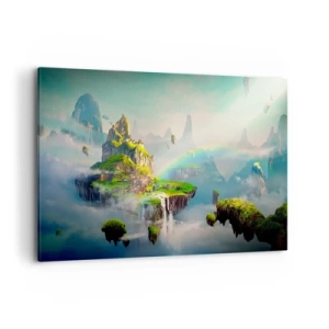 Quadro su tela - Stampe su Tela - Isole volanti tra le nuvole con un arcobaleno all'orizzonte - 120x80cm - In mezzo al cielo: isole fortunate - Decorazione murale moderna per soggiorno e camera da letto ARTTOR