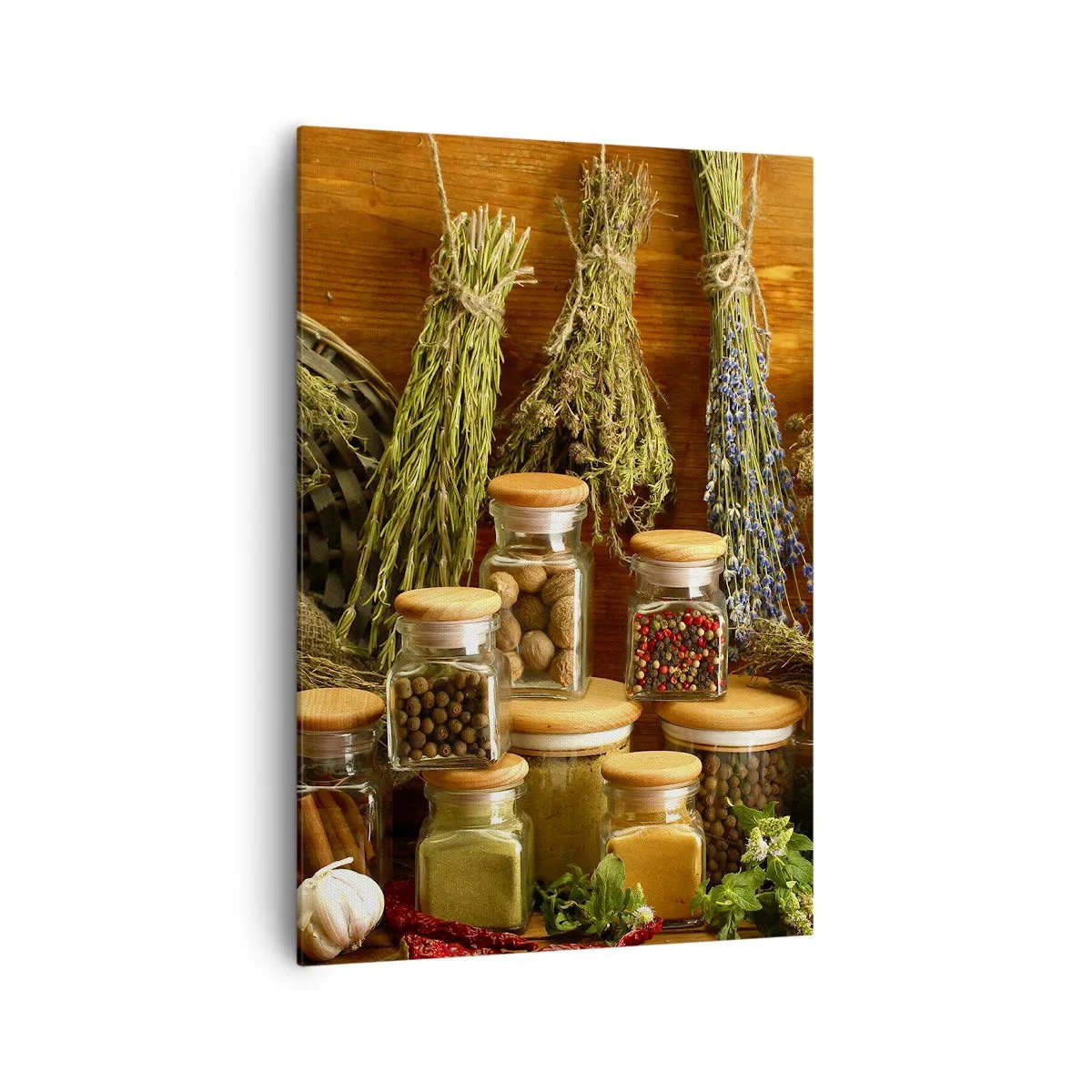 Quadro su tela - Stampe su Tela - Erbe e spezie in barattoli su uno sfondo rustico - 70x100cm - Magie di cucina - Decorazione murale moderna per soggiorno e camera da letto ARTTOR
