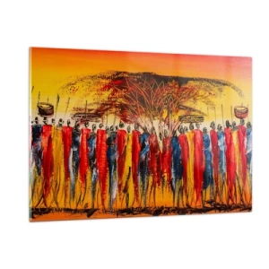 Quadro su vetro - Una scena colorata con persone in costumi tradizionali africani - 120x80cm - Al suono dei tam tam - Decorazione murale moderna per soggiorno e camera da letto ARTTOR