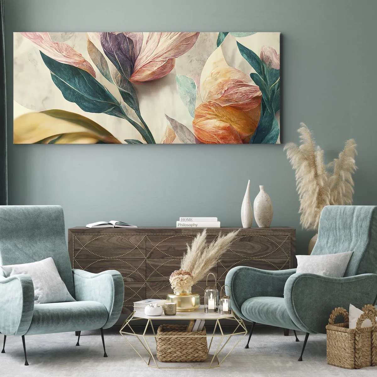 Quadro su tela - Stampe su Tela - Fiori colorati in stile tropicale su uno sfondo chiaro - 120x50cm - I fiori delle isole del sud - Decorazione murale moderna per soggiorno e camera da letto ARTTOR