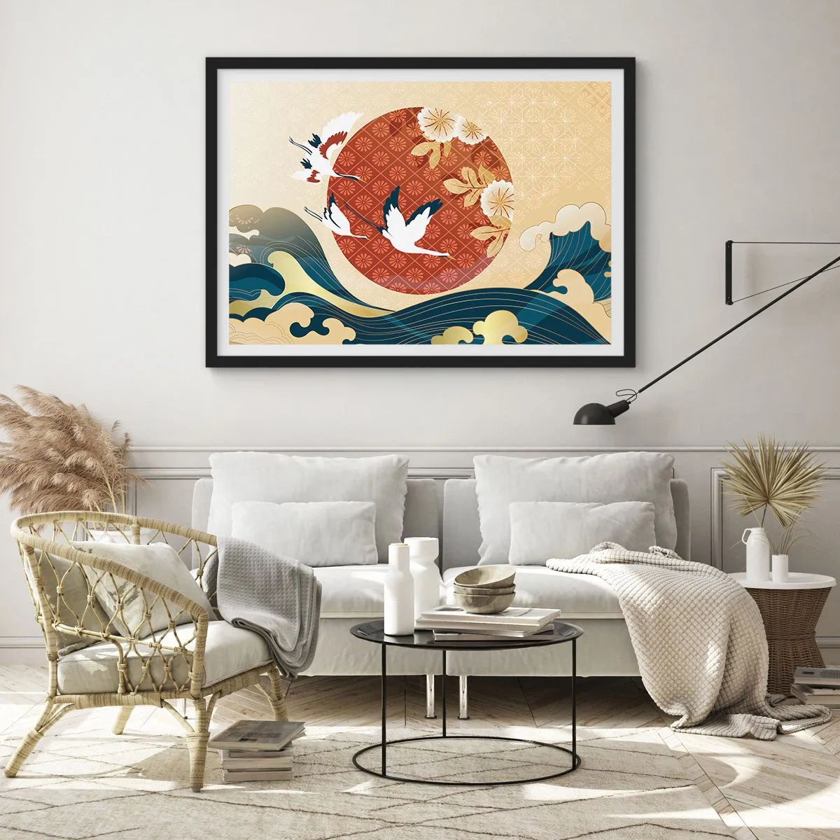 Poster in cornice nera - Composizione giapponese con gru e onde - 100x70cm - Favola giapponese - Decorazione murale moderna per soggiorno e camera da letto ARTTOR