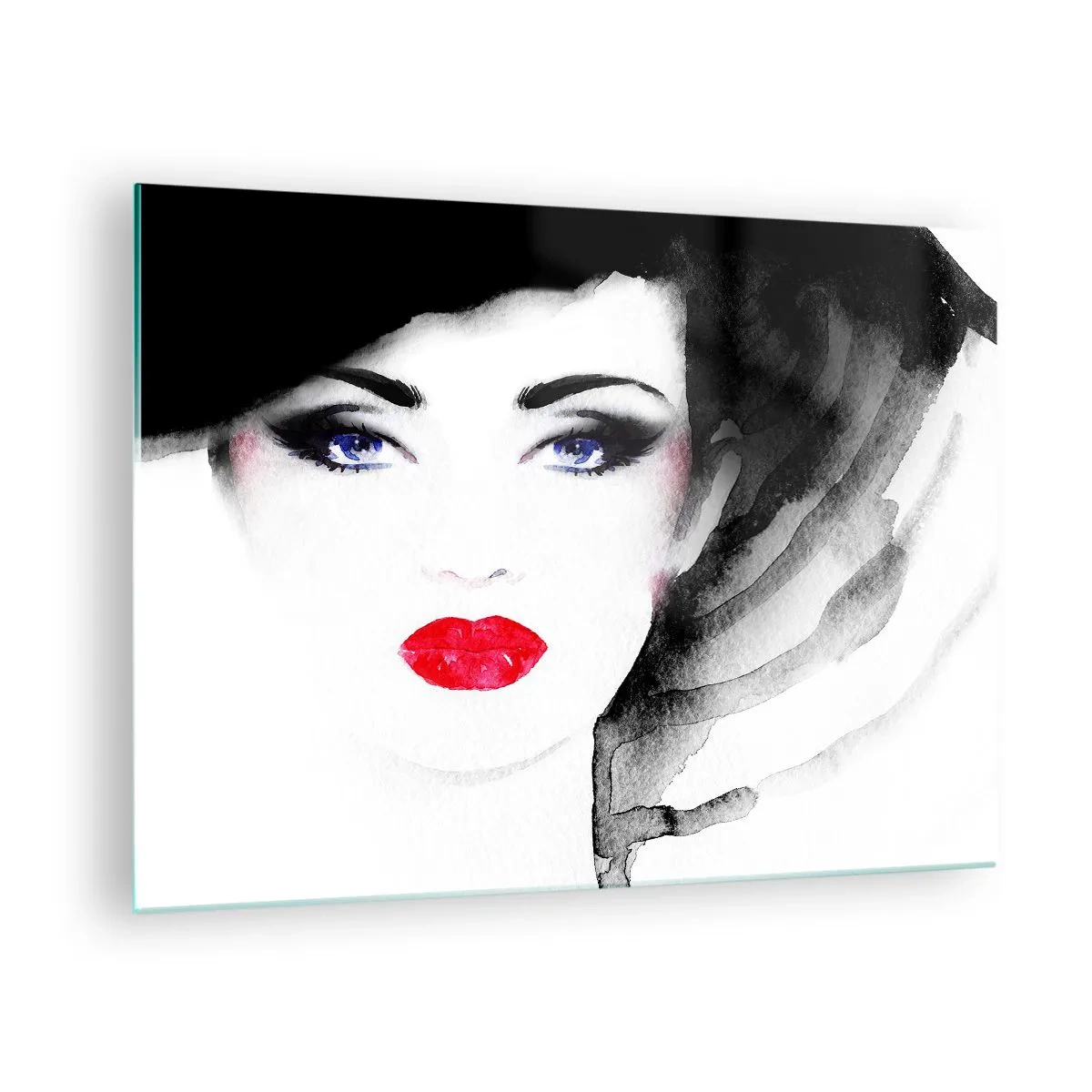 Quadro su vetro - Ritratto di una donna con labbra rosse espressive e un cappello nero - 70x50cm - Respinge e richiama - Decorazione murale moderna per soggiorno e camera da letto ARTTOR
