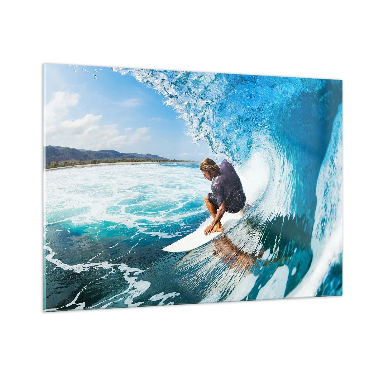 Quadro su vetro - Surfista in un tunnel d'acqua con l'oceano sullo sfondo - 100x70cm - Ballando con le onde - Decorazione murale moderna per soggiorno e camera da letto ARTTOR