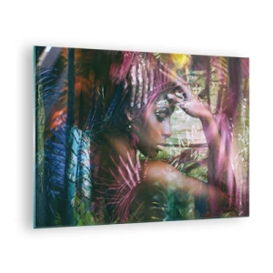 Quadro su vetro - Ritratto di donna tra foglie tropicali e riflessi di luce. - 70x50cm - Madre Natura nella giungla - Decorazione murale moderna per soggiorno e camera da letto ARTTOR