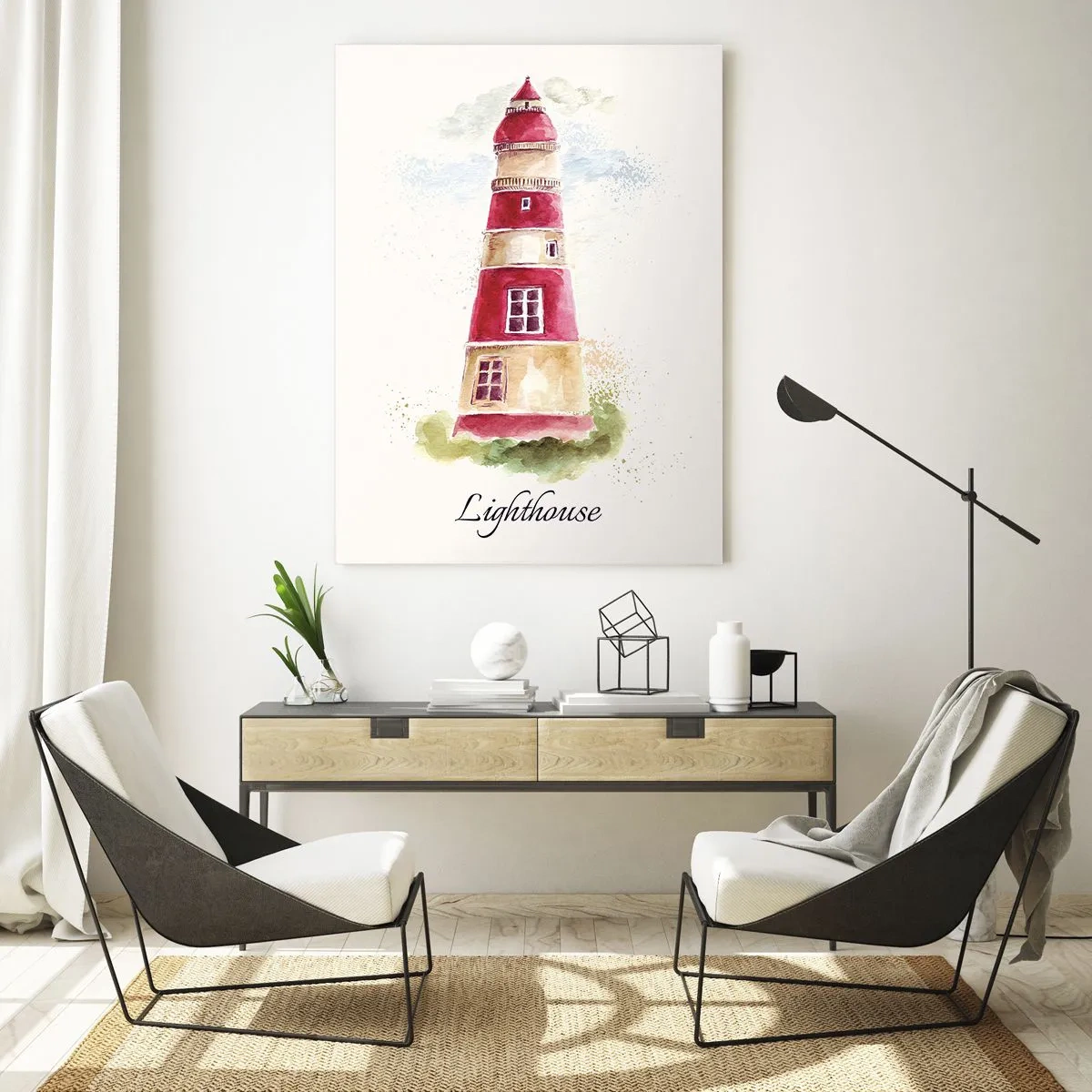 Quadro su vetro - Dipinto ad acquerello di un faro su sfondo chiaro con un'iscrizione - 80x120cm - Attorno è sempre bel tempo - Decorazione murale moderna per soggiorno e camera da letto ARTTOR